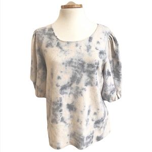 W5 x Anthropologie Tie Dye Puff Short Sleeve Flannel Sweater Cream Blue MED NWT